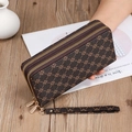 Long brown double zipper wallet with vintage floral pattern and wrist strap - Geometric Flower / SLW-203 Coffee