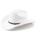 Detail of white western cowboy hat with brown braided band and bull head metal buckle - M(56-58cm) / Pure White