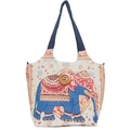 Ethnische Canvas-Tragetasche mit blauer Elefanten-Stickerei und großem Holzknopf - Stil 23-Blau Gemusterter Elefant