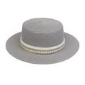 Flat top wide brim straw sun hat in charcoal gray with pearl and gold chain band - Artificial Pearl Gold Chain Style (299L)