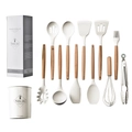 12-piece white silicone kitchen utensils set with wooden handles and storage container - Big Bucket Style / Cream