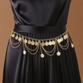 Bohemian gold metal waist chain featuring multi-layer coins and fringe tassels on a dress - Coin Tassel / Antique Gold / 8.5