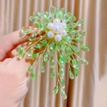 Detail of handmade brooch with freshwater pearl and green beads woven with gold wire - Green Transparent Teardrop Style(TB026)