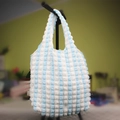 Blue and white striped bubble texture waffle tote bag with elastic puffed fabric design - Blue and White Patchwork