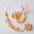 Baby pacifier clip and wooden teether set with pink silicone beads and heart clip - Heart Style Set