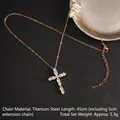Golden titanium steel cross necklace with sparkling zircon stones and 45cm chain - Cross No.15 Gold (A1002)