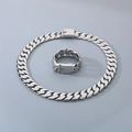 Conjunto de collar y pulsera de cadena cubana de acero inoxidable plateado para hombre - Pulsera 21.5cm / Color Acero