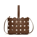 Brown woven crossbody bag for kids featuring a hollow leather design and inner pouch - Large / Brown