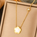 Titanium steel gold floral necklace featuring a white shell petal pendant and small zircon - Gold Mother of Pearl Five-Petal Flower Single Zircon Necklace (JX037-1)
