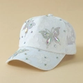 White lace butterfly baseball cap with sparkling rhinestones and mesh back for women - One Size / White