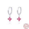Detail of S925 sterling silver clover earrings with red flower petals and zircon stones - 925 Silver / Platinum-Magenta
