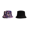 Side-by-side view of a purple camouflage bucket hat and a classic black outdoor sun hat - Pink & Blue Camo