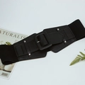 Detail of black elastic corset belt with PU leather front and square silver buckle - Black