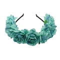Detailed view of teal silk rose headband featuring layered petals and a secure black band - Peacock Blue