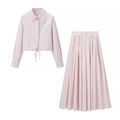 Elegant two-piece set featuring a pale pink lapel shirt and a pleated maxi skirt - S / Pink