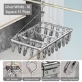 Silver stainless steel drying rack with 41 clips and 360-degree rotating windproof hook - Silver Square - Extra Large 41 Clips