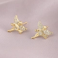 Golden cupid angel stud earrings with white zircon accents on purple silk fabric - Angel Boy Style
