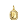 Detail of 18k gold plated square pendant with CZ stones and letter P engraving - Gold Letter P