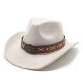 Close-up of beige suede cowboy hat featuring leather band and bronze bull head buckle - M (56-59cm) / Beige Faux Suede