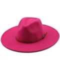 Classic rose red wool fedora hat featuring wide flat brim and brown leather band - Rose Red