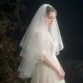 Detail of white multi-layer short bridal veil with fluffy soft tulle layers and hair comb - Swiss Mesh Elastic Veil