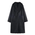 Women's black reversible faux fur coat with suede texture and oversized collar - XS / Black