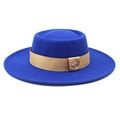 Detail of royal blue wool boater hat featuring a gold satin band and metallic bee ornament - M (56-58cm) / Blue