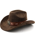 Chapeau de cowboy en daim marron avec boucle tête de taureau et bande en cuir - M (56-58cm) / Café