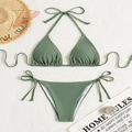 Olive green ribbed triangle bikini set with side tie bottoms for women beachwear - Green (Set)