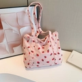 Pink corduroy tote bag with strawberry print and shoulder straps for casual use - Pink