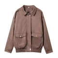 Giacca bomber marrone scuro in finta pelle scamosciata con colletto a rever e tasche - XS / Cammello