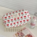 Trousse à maquillage matelassée à tulipes rouges en tissu blanc cassé avec motif floral - Style de Cube Octogonal