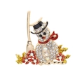 Golden snowman brooch with sparkling crystals and red enamel flowers for Christmas - Broom Snowman Style (C1651-5)