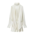 Elegant pearl white long sleeve satin mini dress with turtleneck and draped pleats - XS / White