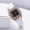 Elegante orologio al quarzo quadrato oro rosa con lunetta diamantata e cinturino bianco - Bianco