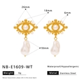 Detailed view of evil eye earrings with dimensions, weight, and stainless steel specs - White Pearl Evil Eye Baroque Pearl Style (NB-E1609-WT)