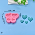 Pink heart-shaped silicone mold for candles and soap with detailed size measurements - Small 4-Cavity Combined Heart (50g)