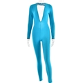 Detail des blauen langärmeligen Bodysuits mit tiefem V-Ausschnitt und Rückenausschnitt - L / Blau