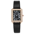 Vintage square quartz watch with diamond bezel, black leather strap and Roman numerals - Black