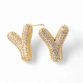 Gold plated letter Y stud earrings encrusted with sparkling white cubic zirconia - Letter Y