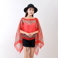 Elegant red chiffon sunscreen shawl with paisley print and pearl buttons for beach - Red Paisley Shawl