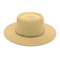 Straw boater hat with metallic chain trim and wide flat brim for summer sun protection - M(56-58cm) / Beige