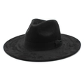 Dettaglio di un cappello fedora in lana nera a tesa larga con nastro ed eleganza - M (56-59cm) / Nero Pelle Scamosciata