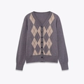Cardigan grigio classico con scollo a V, motivo a rombi e chiusura con bottoni - S / Grigio Rombi