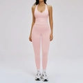 Pink cross-back yoga set for women with halter V-neck sports bra and high-waisted leggings - M / Vest 1 + Pants — Ceramic Pink