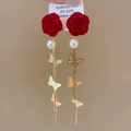 Detailed close-up of 925 silver long drop earrings with red roses and butterfly charms - 925 Sterling Silver Earring Post - Red Flower Butterfly Pearl Tassel Studs (3#)