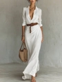 Elegantes weißes Hemdblusenkleid mit langen Ärmeln, braunem Gürtel und Falten für Damen - XS / Oberteil Und Unterteil / Weiß