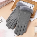 Gants d'hiver gris élégants pour femmes avec revers en fourrure et fonction tactile - Taille unique / Étiquette en Cuir Deux Lignes Gris (Double Épais)