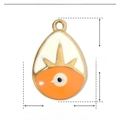 Macro detail of enamel evil eye pendant with size dimensions and stainless steel material info - Orange Evil Eye