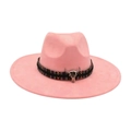 Pink wide brim felt fedora with ethnic woven band and silver longhorn cattle skull charm - Colorful Bull Head Ornament / Dusty Pink